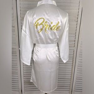 White Satin Bride Robe w Gold Lettering-Large